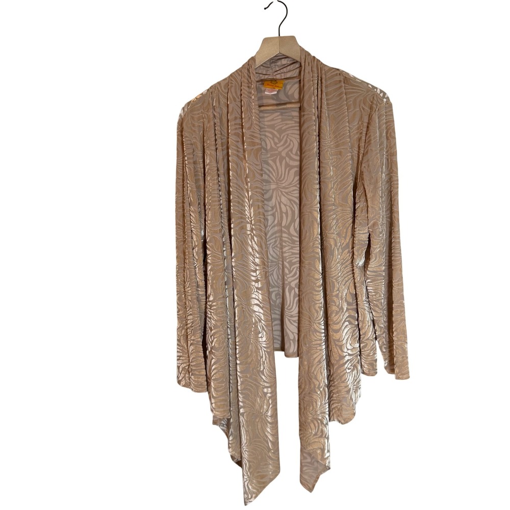 Ruby Rd Cardigan XL Tan Gold Burnout Velvet Metallic Drape Open Front
